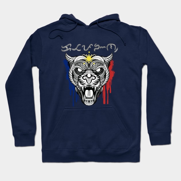 Tribal line Art Tiger / Baybayin word Katapangan (Bravery) Hoodie by Pirma Pinas